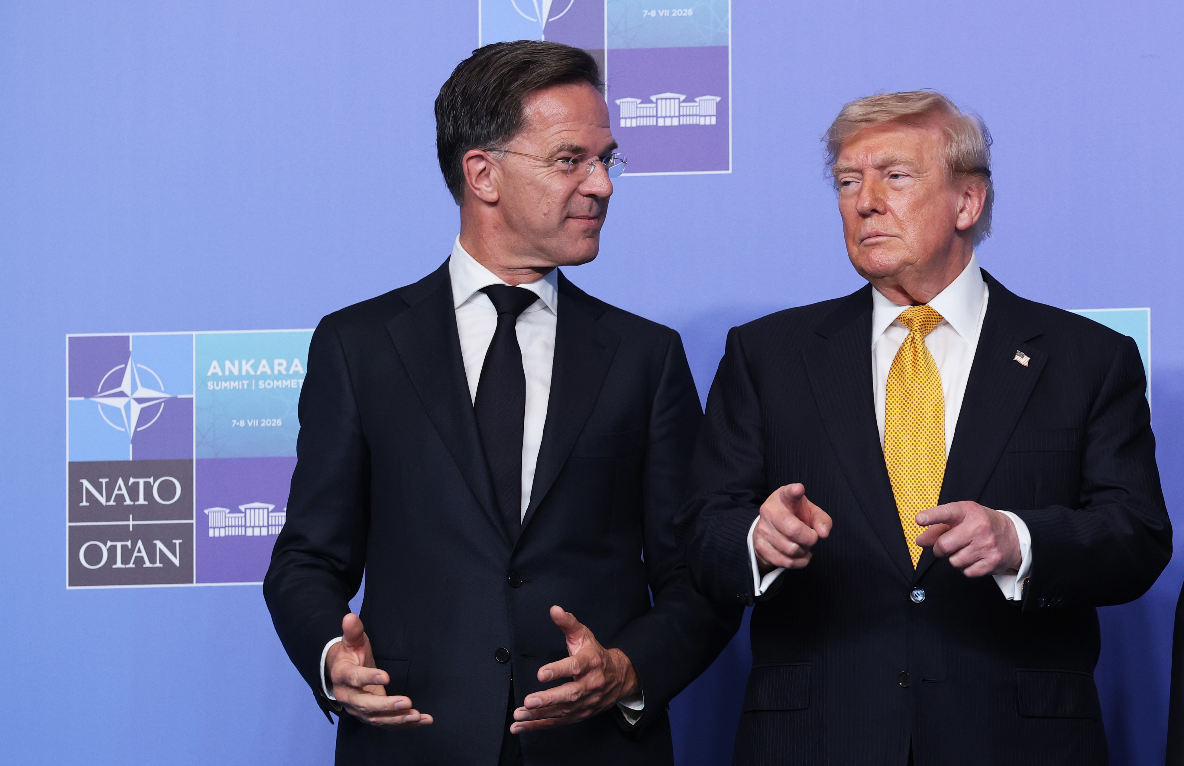 NATO Secretary-General Mark Rutte greets Donald Trump during a welcome ceremony of allied heads of states in Turkiye, July 08, 2026 [Win McNamee/Getty Images]