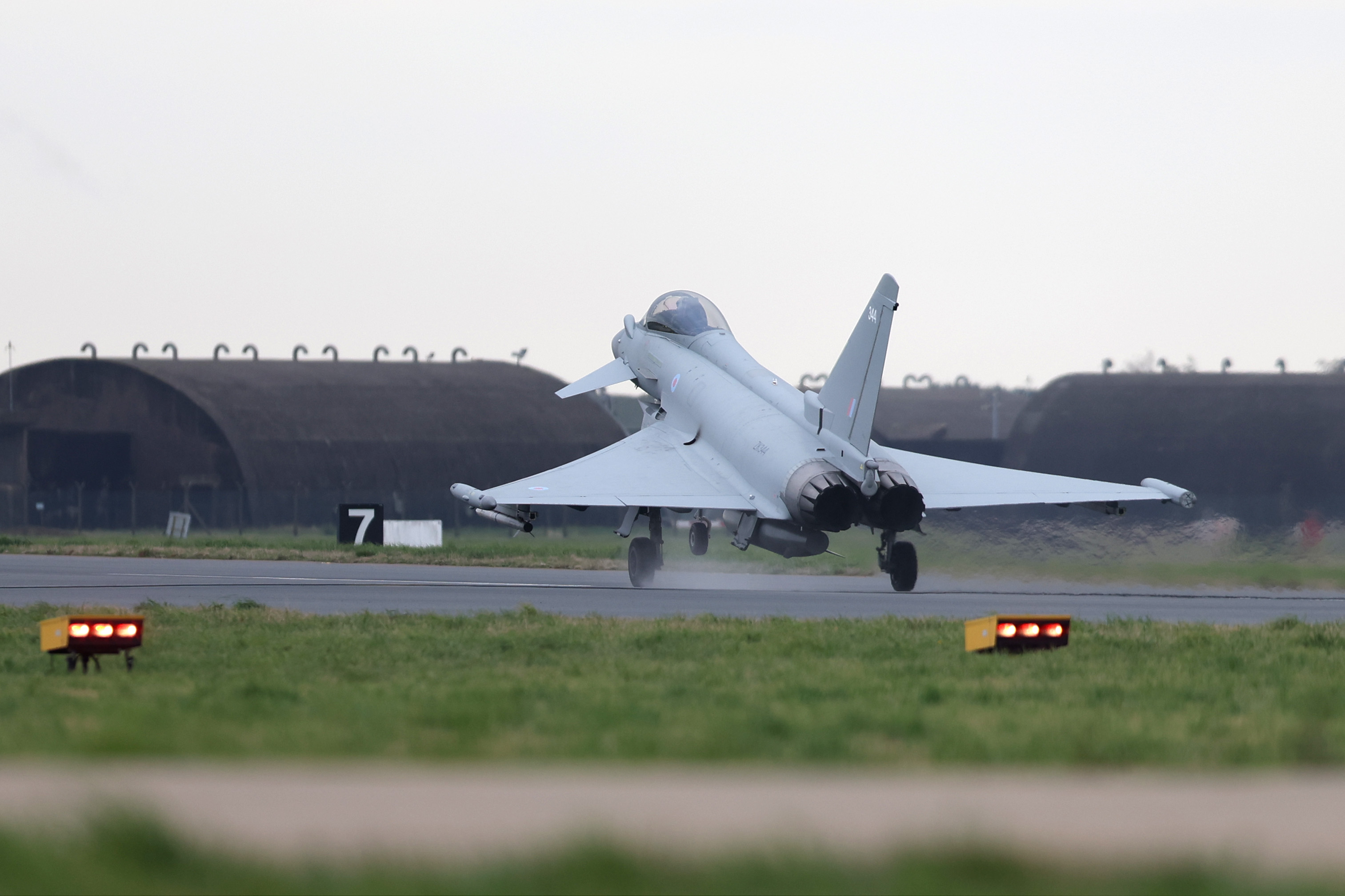 CONINGSBY, ENGLAND - OCTOBER 21: RAF Typhoon Fighter Jets operate from RAF Coningsby on October 21, 2026 in Coningsby, England. The UK has announced it will provide RAF Typhoon fighter jets to Saudi Arabia for defensive counter air missions, following the Houthis' recent escalation in attacks on civilian targets, including a deadly strike on King Khalid International Airport on October 10, which killed 13 people and injured more than three hundred. (Photo by Ryan Jenkinson/Getty Images)