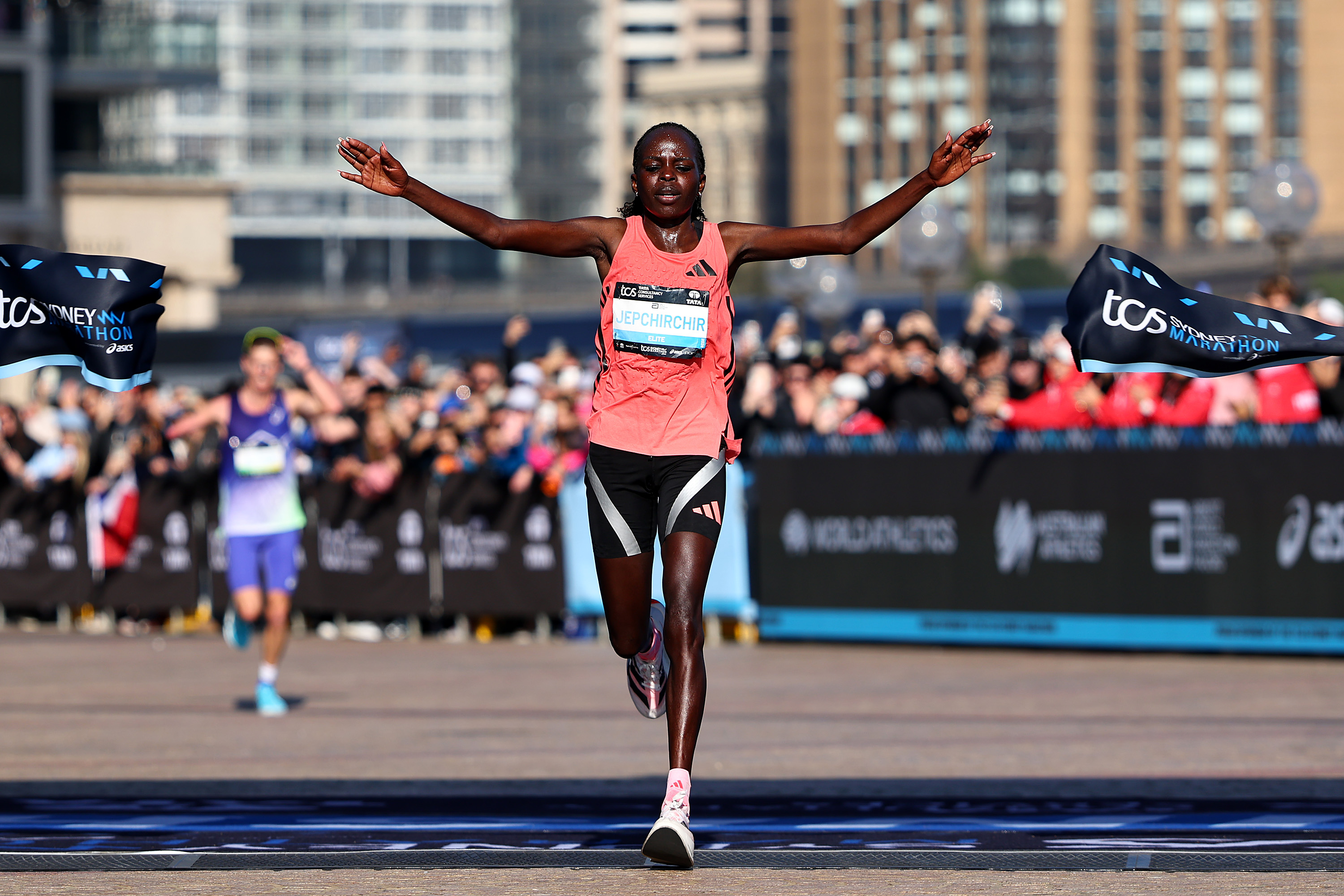 SYDNEY, AUSTRALIA - AUGUST 30: Peres Jepchirchir of Kenya celebrates winning the Women's Marathon during the 2026 TCS Sydney Marathon on August 30, 2026 in Sydney, Australia. (Photo by Jeremy Ng/Getty Images)