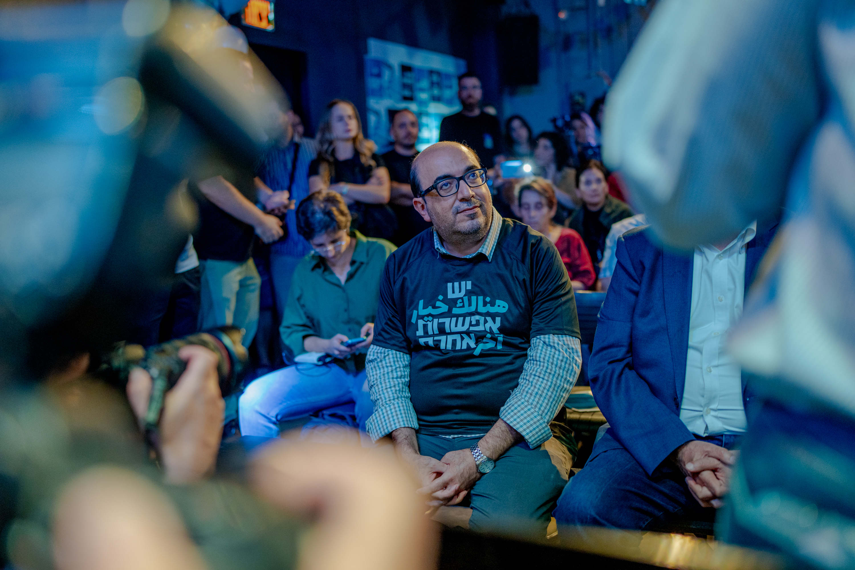 TEL AVIV, ISRAEL - OCTOBER 5: Sami Abu Shehadeh, leader of the Balad party, sits and listens during the launch of the joint list's election campaign on October 5, 2026 in Tel Aviv, Israel. The leadership of the Arab-majority joint list parties is announcing their Hebrew-language election campaign to appeal to Jewish voters. Last week, the country's high court overturned a temporary ban on Arab candidates by the Central Elections Committee. Israel is holding legislative elections on October 27th. (Photo by Erik Marmor/Getty Images)