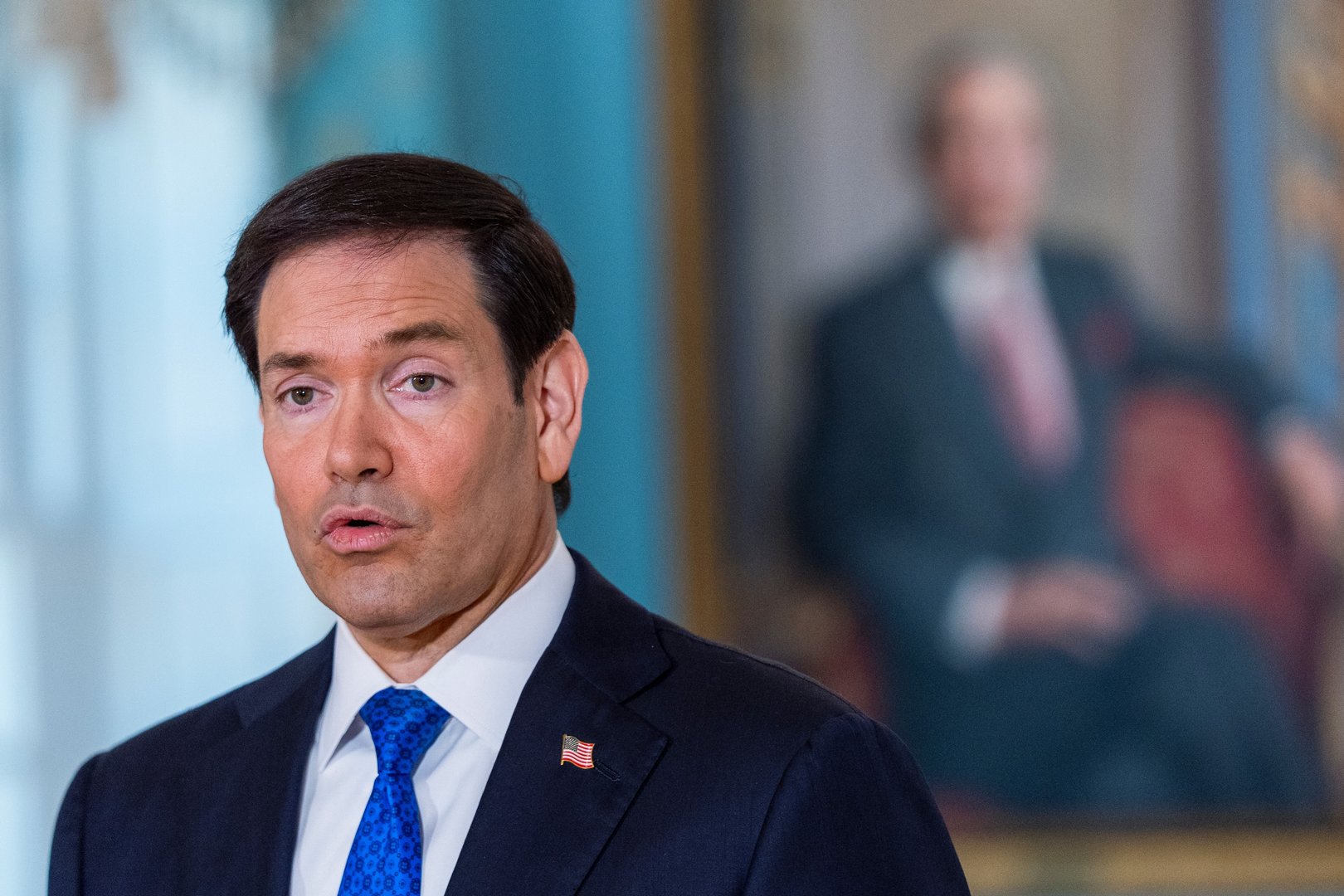 Secretary of State Marco Rubio speaks to reporters before a meeting with 2015 Venezuelan National Assembly President Dinorah Figuera in the Treaty Room at the State Department on Oct. 9, 2026, in Washington, DC, US. [Manuel Balce Ceneta/AP]