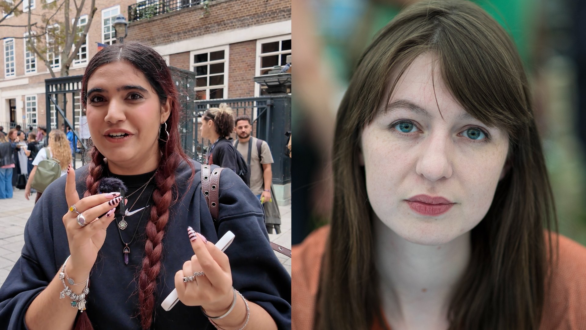 student on the left, author Sally Rooney on the right