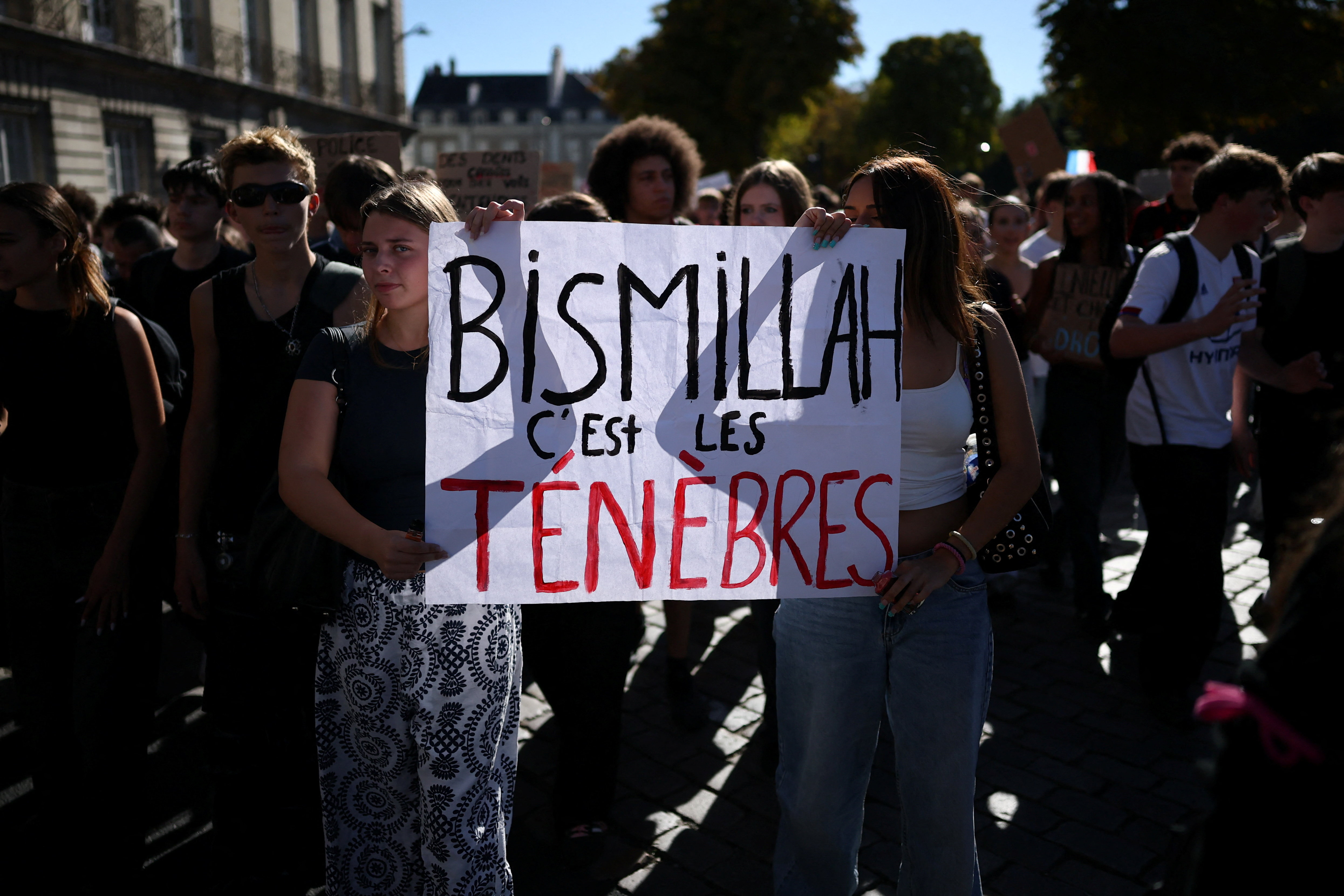 French high school and university students attend a demonstration in Nantes