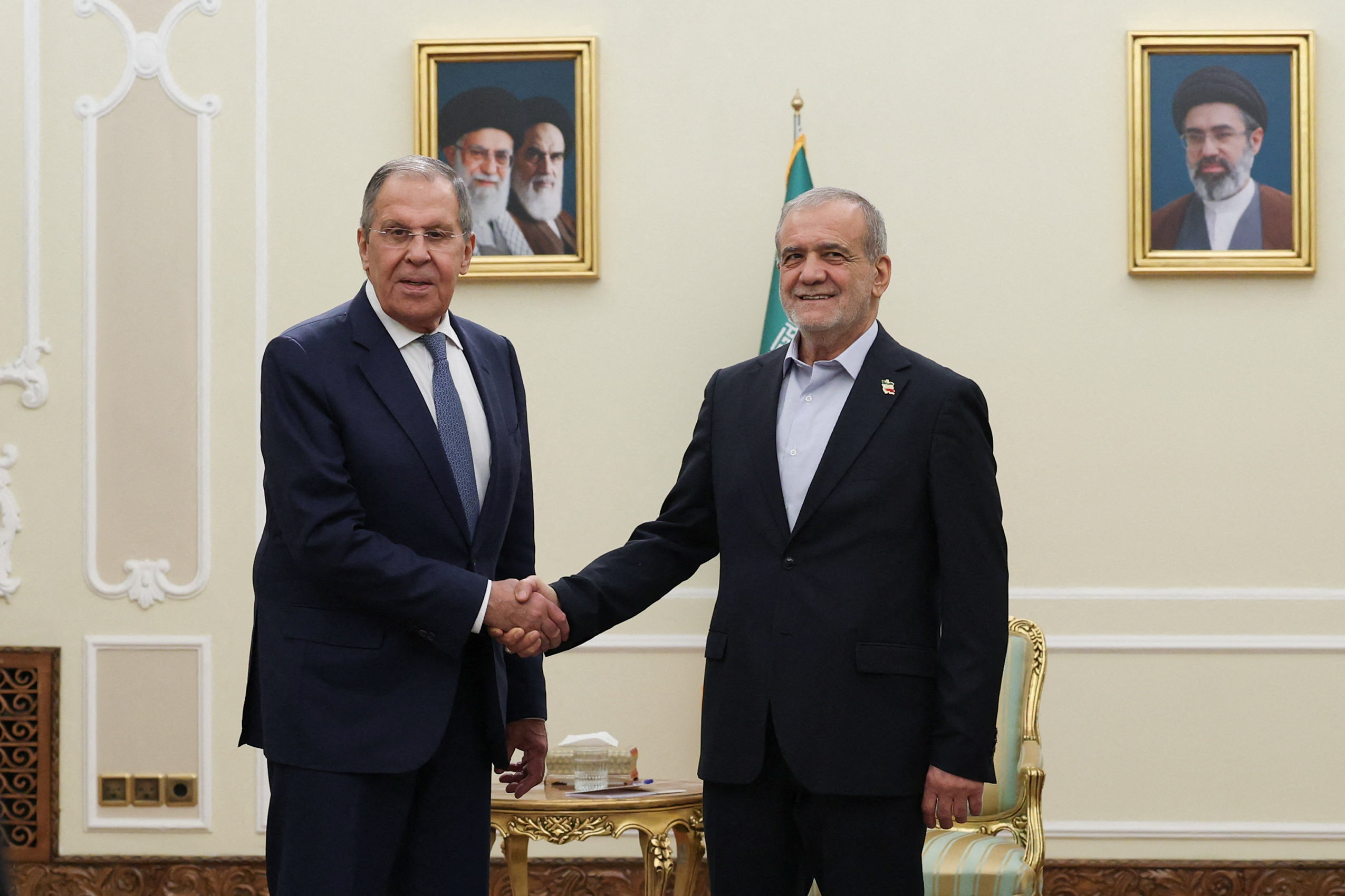 Iranian President Masoud Pezeshkian meets with Russian Foreign Minister Sergei Lavrov in Tehran, Iran, October 19, 2026. Iran's Presidential website/WANA (West Asia News Agency)/Handout via REUTERS ATTENTION EDITORS - THIS PICTURE WAS PROVIDED BY A THIRD PARTY. ATTENTION EDITORS - THIS PICTURE WAS PROVIDED BY A THIRD PARTY. ISRAEL OUT. NO COMMERCIAL OR EDITORIAL SALES IN ISRAEL. NO ACCESS FOR ISRAELI MEDIA. NO USE BBC PERSIAN. NO USE VOA PERSIAN. NO USE MANOTO. NO USE IRAN INTERNATIONAL. NO USE RADIO FARDA. DIGITAL: NO USE BBC PERSIAN. NO USE VOA PERSIAN. NO USE MANOTO. NO USE IRAN INTERNATIONAL. NO USE RADIO FARDA.