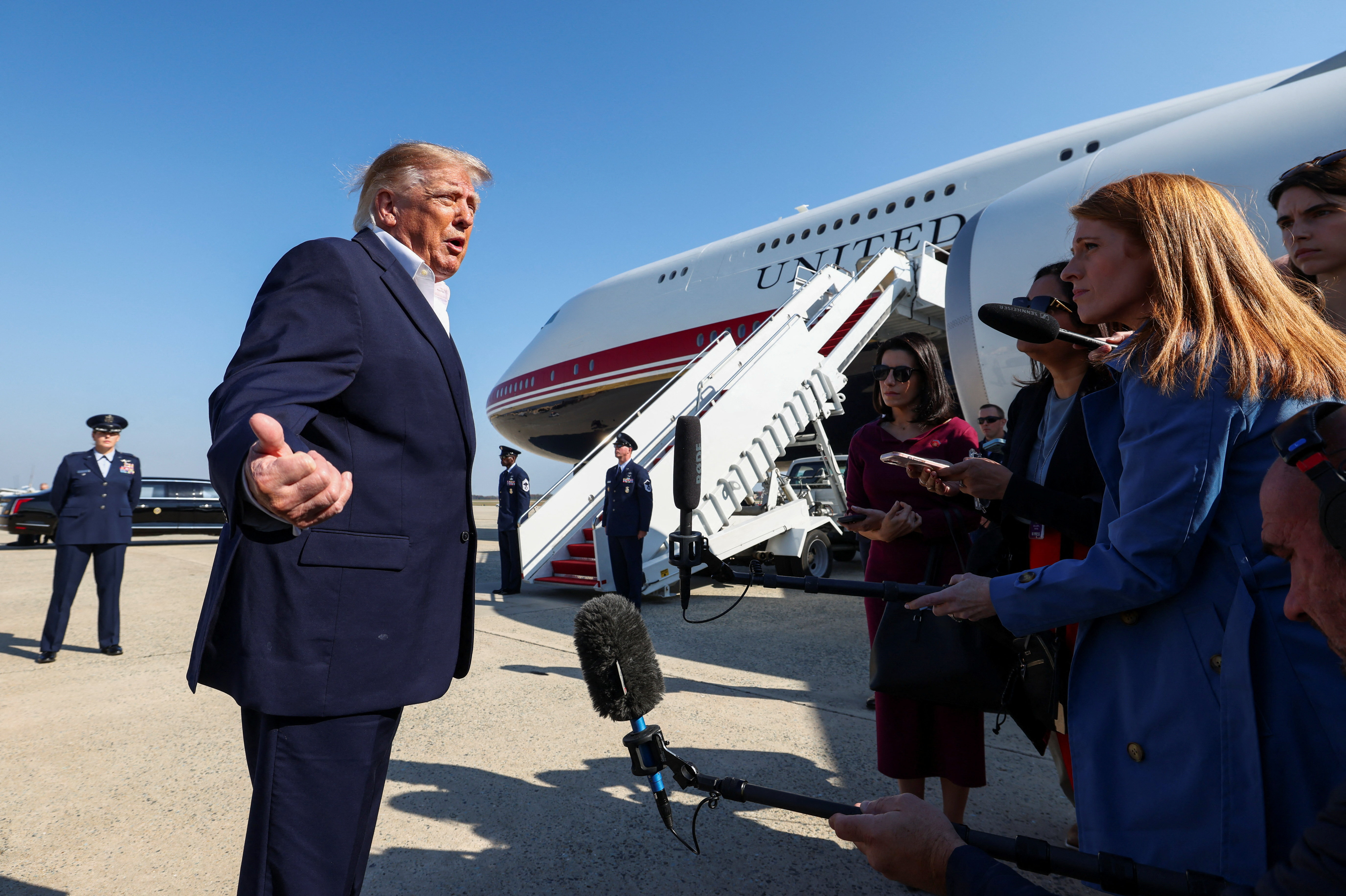 US President Donald Trump speaks to members of the media as he departs for Texas at Joint Base Andrews in Maryland, US, October 27, 2026. REUTERS/Kevin Lamarque