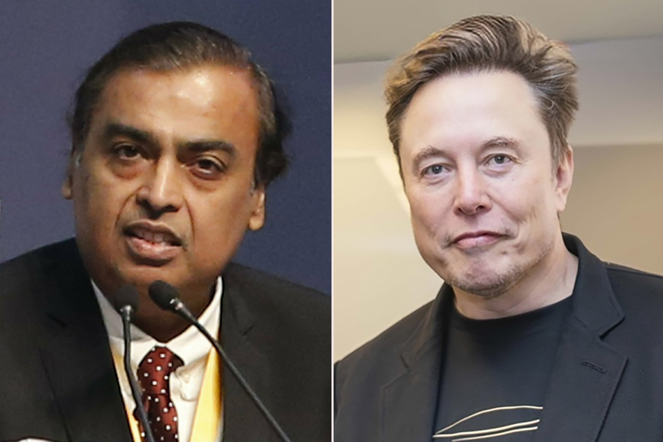 Chairman and Managing Director of Reliance Industries Mukesh Ambani Elon Musk, CEO of X, SpaceX, Tesla, and Starlink