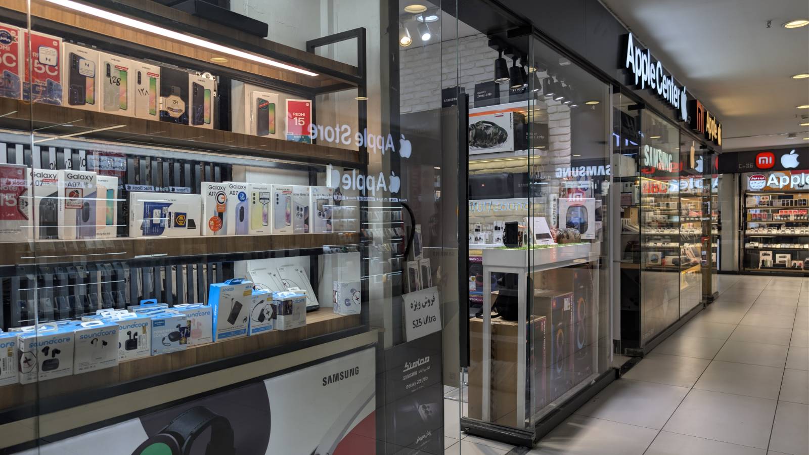 Mobile phones displayed in a storefront